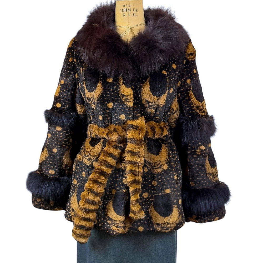 Vintage Woman's Medium Sheared Rabbit Fur Coat Fox Trim Belted Dark Print Winter